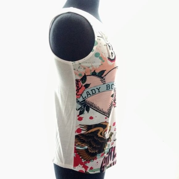 Tank Top Shirt Bossy Girl Power Fearless Unicorn Roses White Ed Hardy Look New - Picture 2 of 6